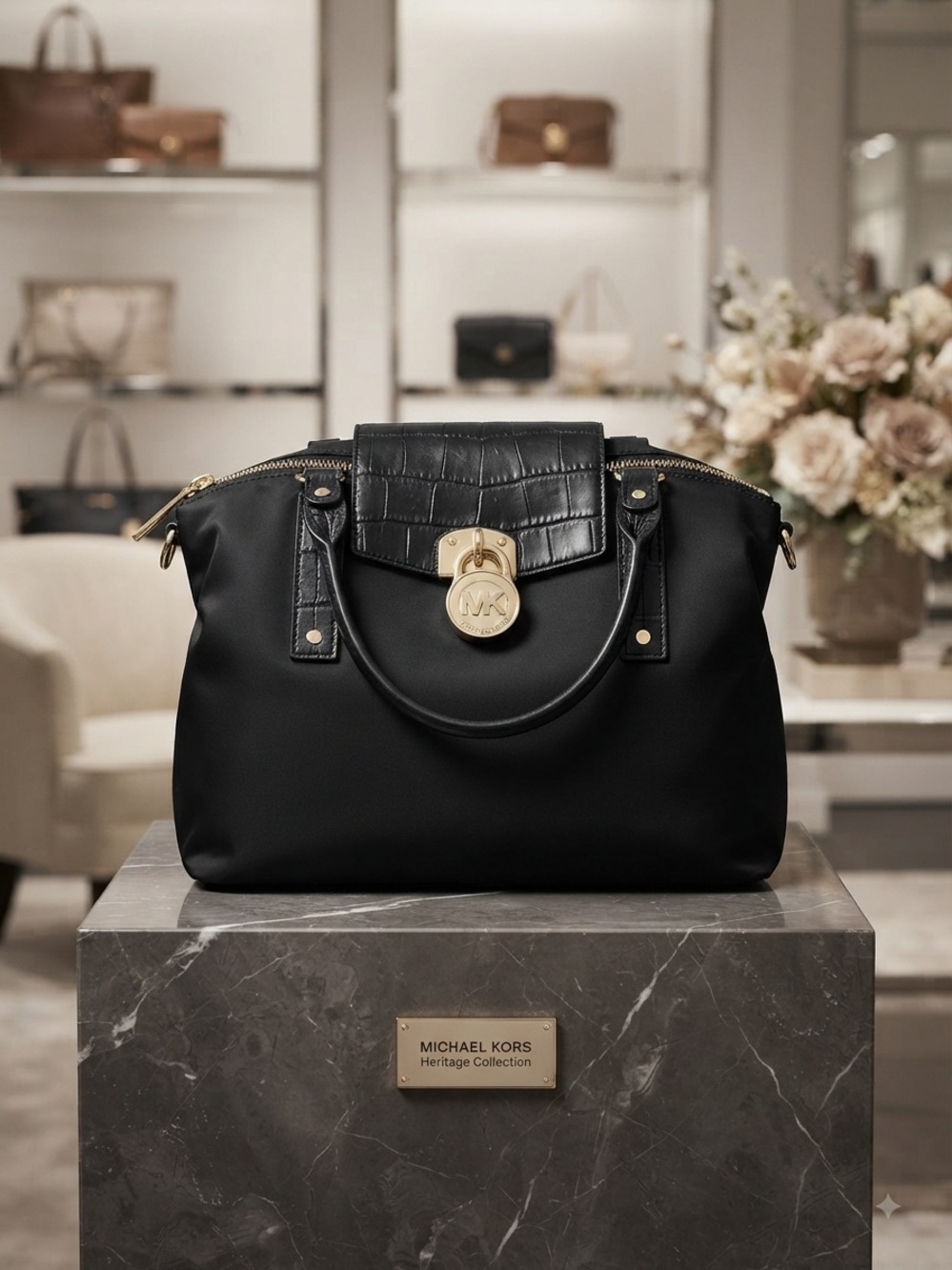 Michael Kors black nylon and croc-embossed leather Hamilton Satchel